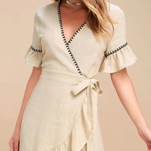 CYRUS BEIGE EMBROIDERED WRAP DRESS from LuLus